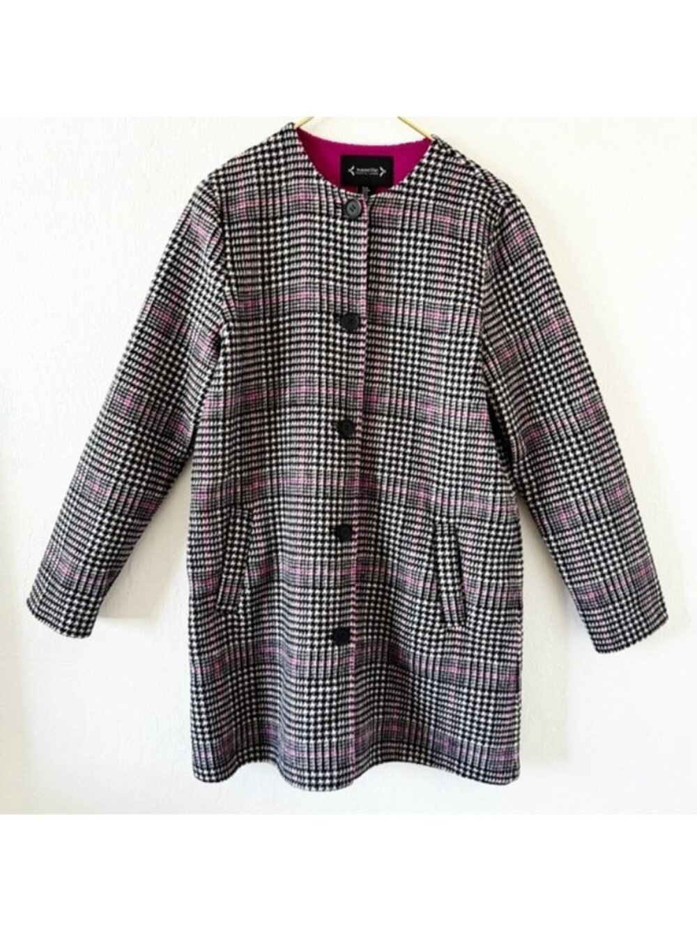 Nanette Lepore Houndstooth trench coat gray & Magenta Accent Collarless Coat M